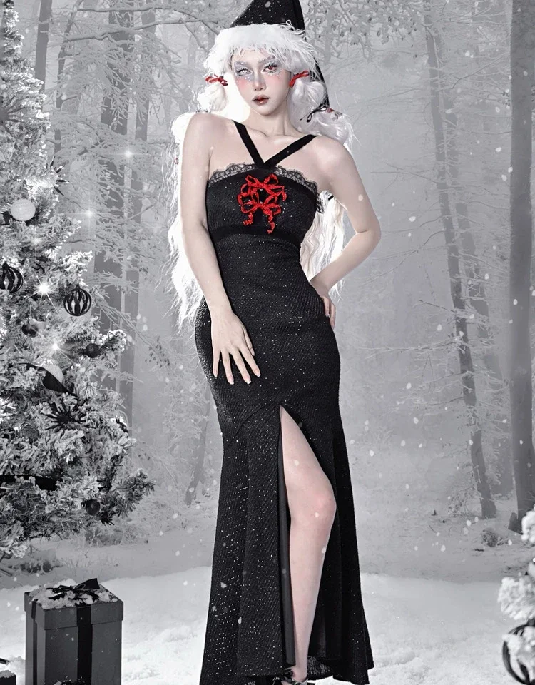 blood-supply-original-design-winter-sexy-long-woolen-dress-dark-new-year's-tweed-bodycon-high-slit-fishtail-slip-dress-black