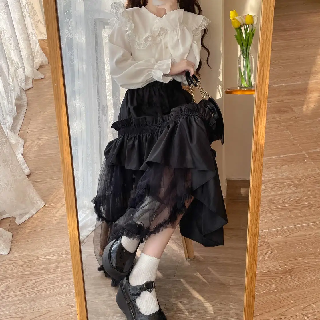 Qiukichonson Mid Long Skirt Women 2023 Patchwork Mesh Lolita