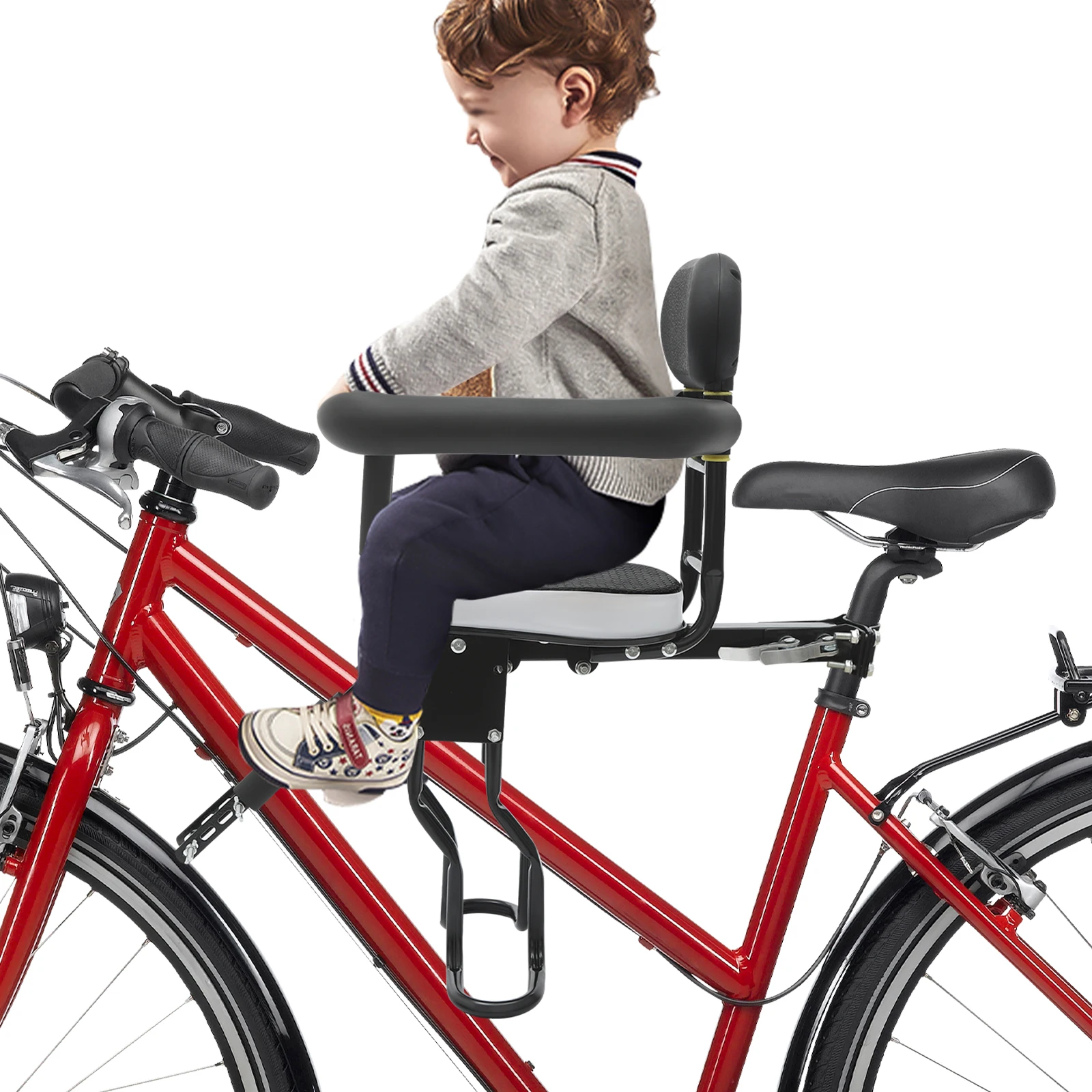 Front-Mounted Steel Child Bike Seat, Adjustable Pedals, and Safety Handrail for Toddlers (1–5 Years)