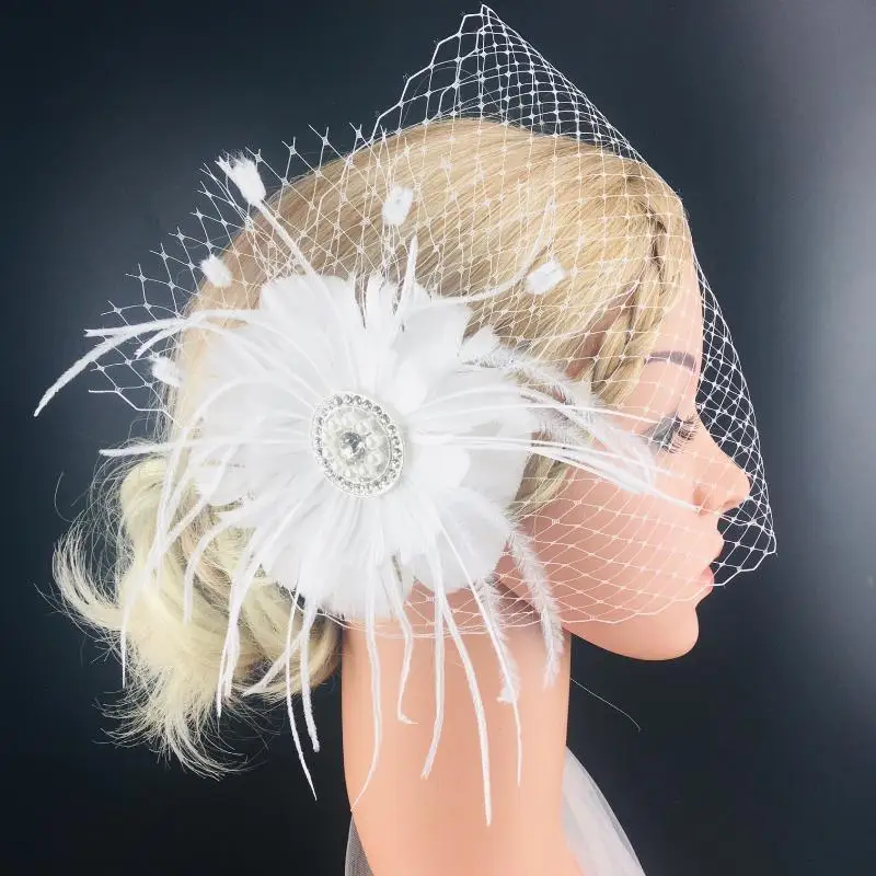 

Bridal Veils White Flower Headwear Crystal Feather Veil Elegant Birdcage Face Net Mask Hair Jewelry Charming Wedding Accessories