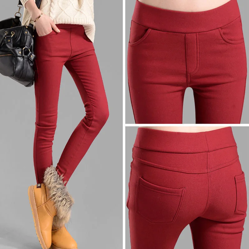 Casual Candy Color Plus Velvet Thick Pencil Pants Womens High Waist Warm Slim Stretch Pants Winter Fleeve Ol Leggings Trousers