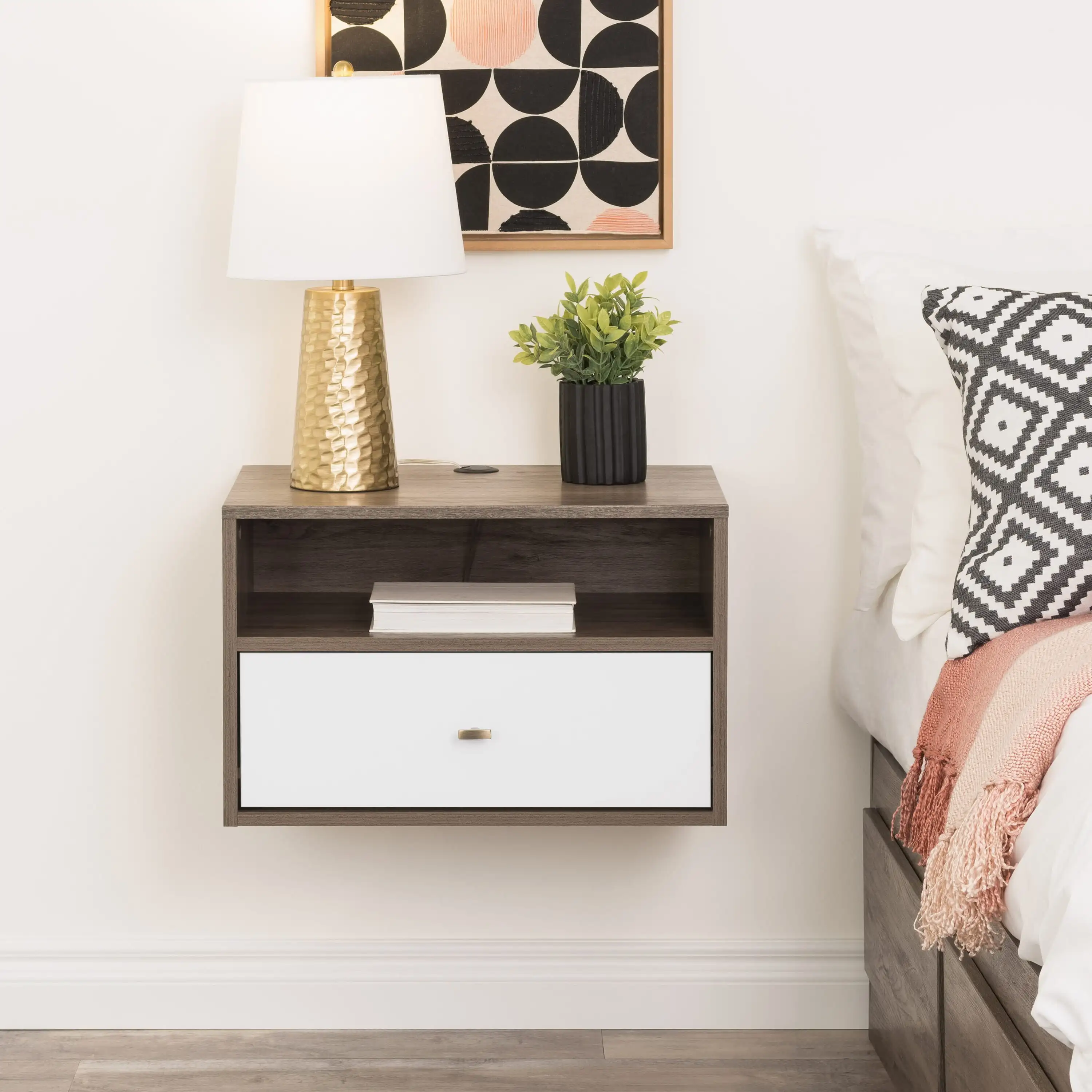 

Prepac Floating Nightstand With Open Shelf, Drifted Gray and White