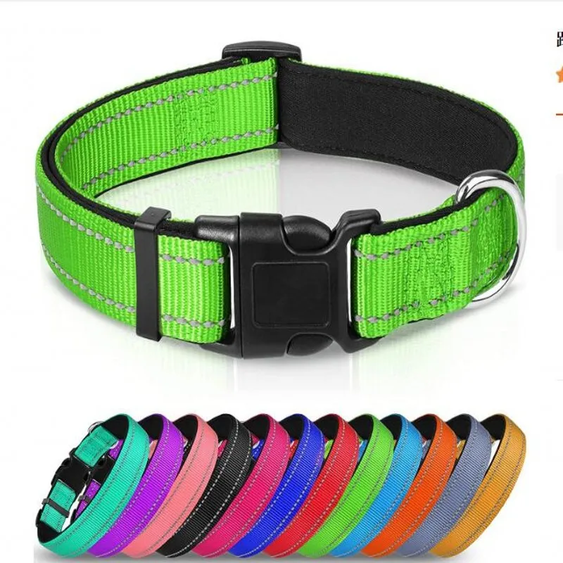 Reflective Adjustable Breathable Nylon Dog Collar with Soft Padding, Durable Design, and Bone Rope Accent