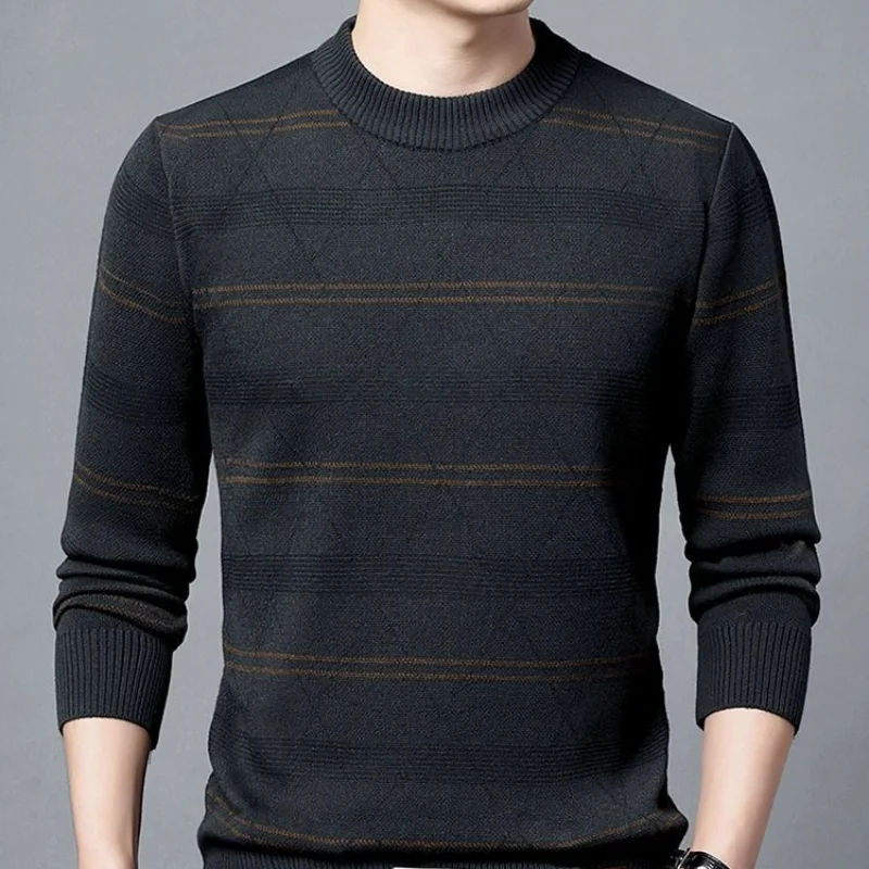 가을 겨울 두꺼운 남성 의류 스트라이프 스웨터, 한국 신상 자카드 긴팔 패션 캐주얼 니트 풀오버 보터밍 탑
