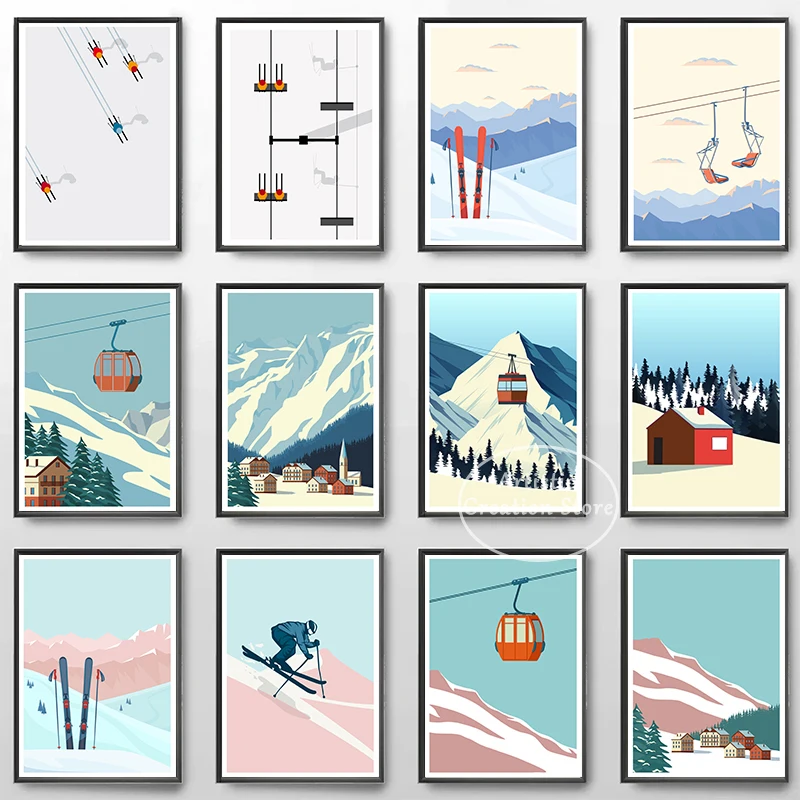Sci Invernale Stampa Vintage Pittura Su Tela Nordic Cozy Alps Cabin Snowy Landscape Living Room Wall Picture Skier Dream Gift