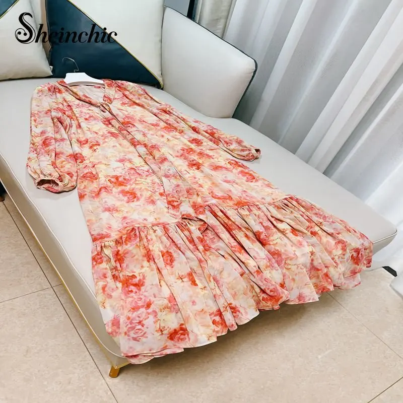 

Korean Fashion Womans Clothing 2023 Elegant Pearls Sashes Long Sleeve Pleated Maxi Bohemian Chiffon Dress for Women