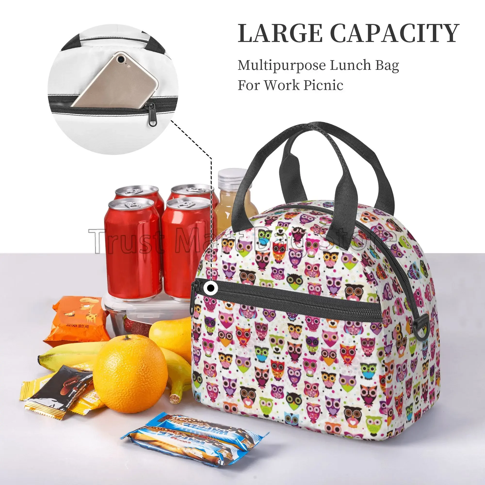 Cute Owl Reusable Insulated Lunch Tote Bag for Women Polka Dot Cooler Bag Lunch Box Container with Adjustable Shoulder Strap