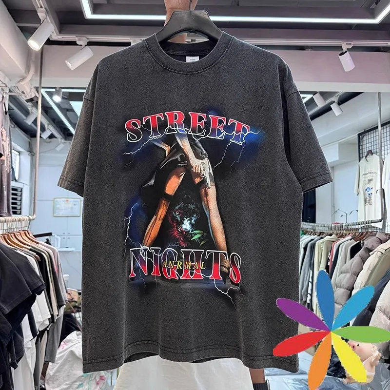

Hip Hop New Fasion Washed STREET NIGHTS T Shirt Best Quality Tee T-Shirt O-neck Tops