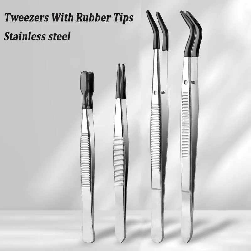 Black Silicone Tips Tweezers Stainless Steel Straight Curved False Eyelash Tweezers Hair Removal Makeup Tool Picking Tool eyelash tweezers
