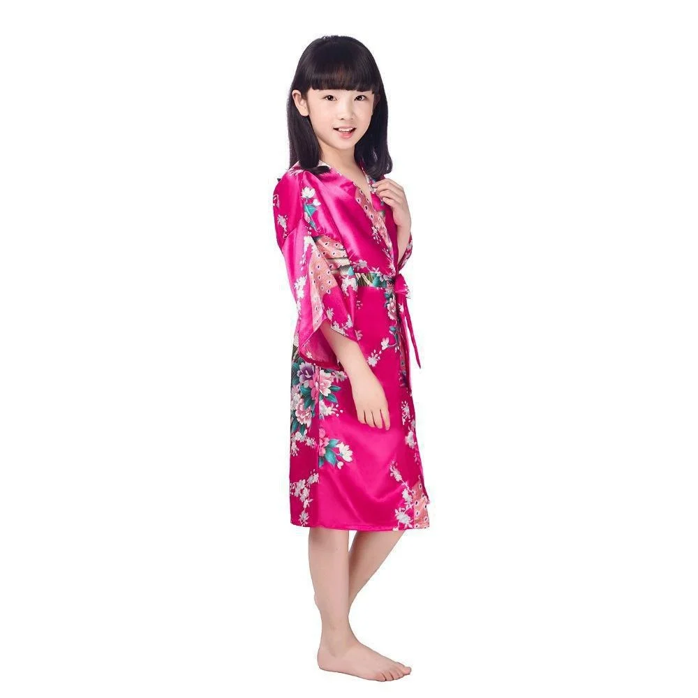 Child Bathrobe Kids Satin Floral Kimono Robe Flower Girl Peacock Bath Robes For Wedding Spa Party Gifts Bridal Lingerie Sleepwear Bathrobe