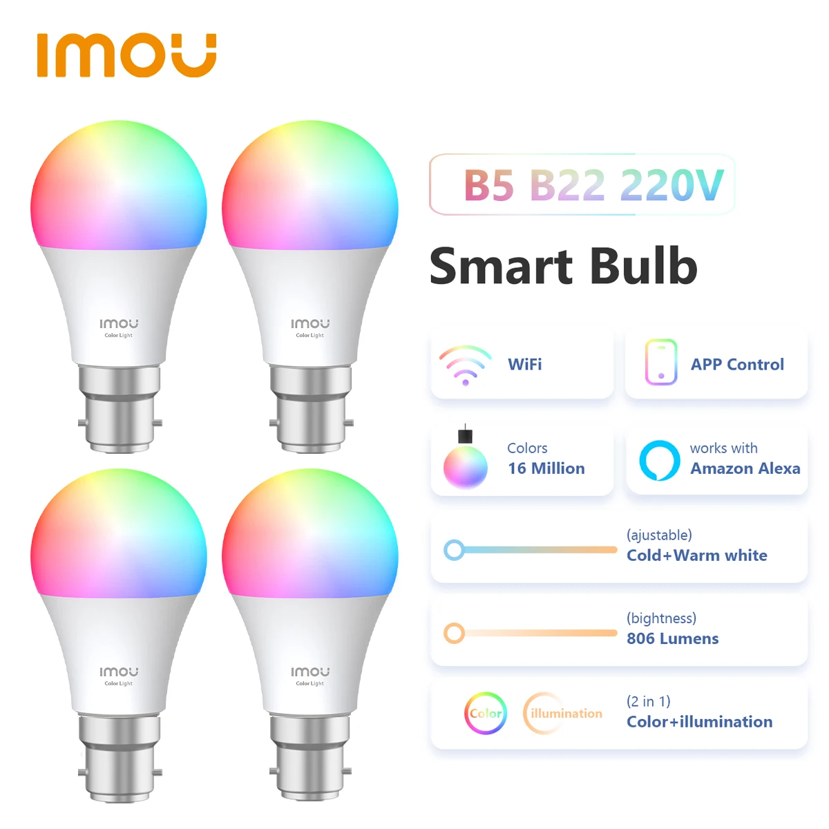Imou Lampadina B5 Lampada A Controllo Intelligente Base B22 Luce Dimmerabile Lampada A Led Bombilla Colorata Lampadina A Led 220-240V 9W Casa Decorati