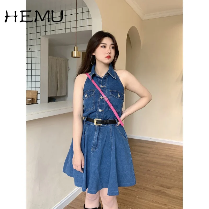 

Hemu Korean Style Summer Sleeveless Denim Dress For Women Retro Mid-Length Fashion Slimming 2021 New short mini dress