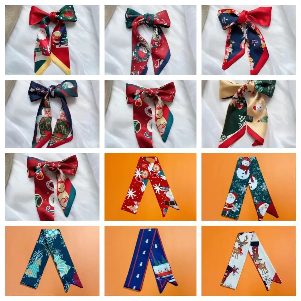 Red Christmas Silk Scarf All-match Santa Claus Ribbon Headband Scarf Hair Band Hair Tie Printed New Year Scarf Women