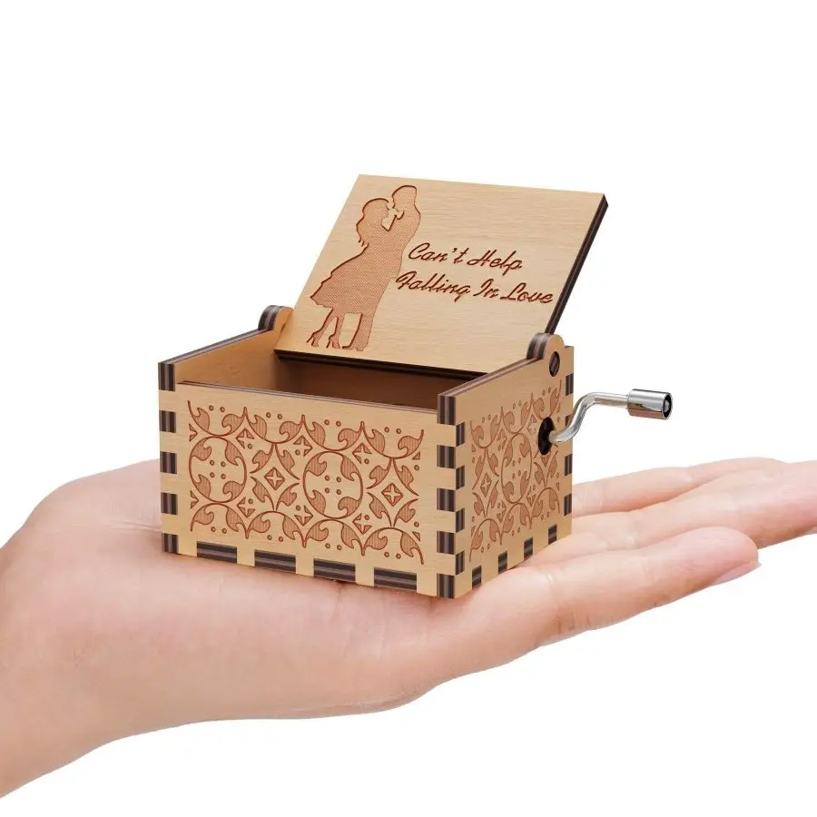 Wooden Engraving Vintage Music Box Hand-Cranked Can't Help Falling In Love For Girlfriend Wife Birthday Presents Gift music box