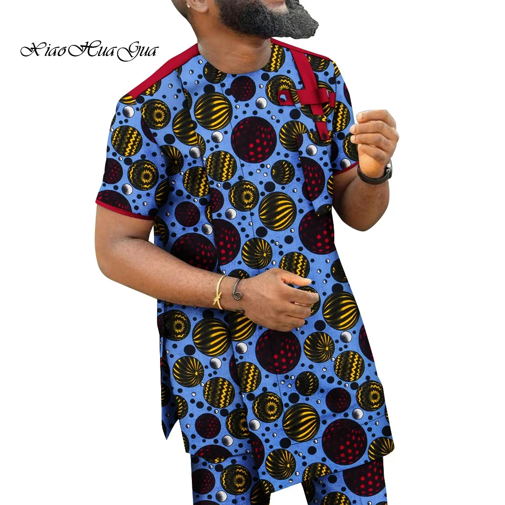 Men Suits Summer Round Neck African Print Short Sleeves Tops and Pants African Style Men Set Outfits WYN1876