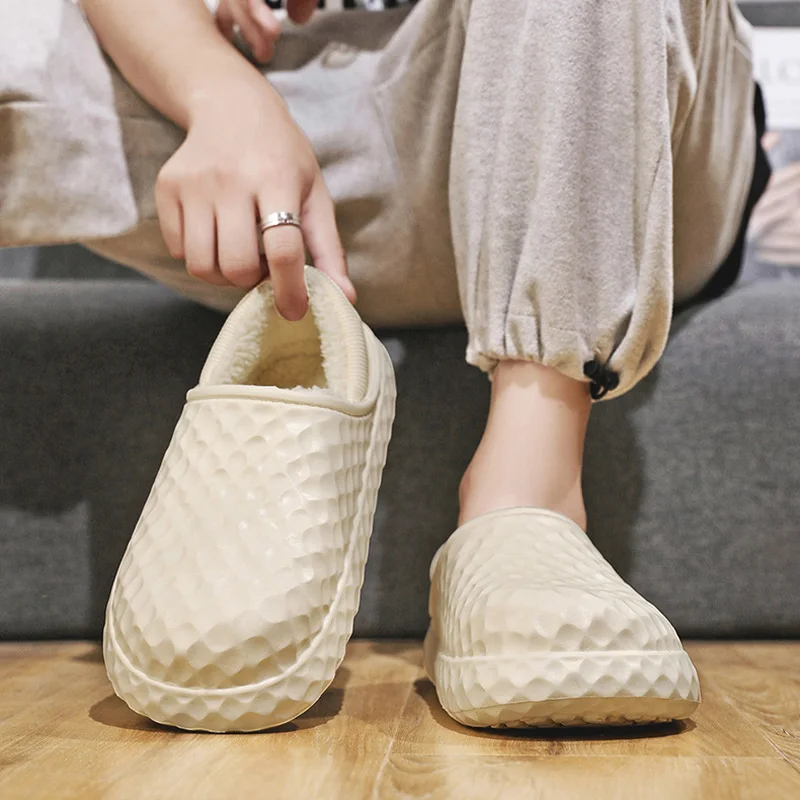 Simple Solid Color Men's Cotton Slippers Winter Indoor Warm Non-slip Thick-soled Slippers Soft Elastic Comfortable Couple Shoes