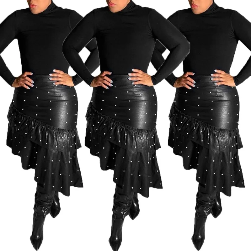 Ruffled Pearl Irregular Pu Leather Mid Skirt for Women Elegant Party 2023 Fashion Sexy Black High Waist Wrapped Hip Zipper Skirt
