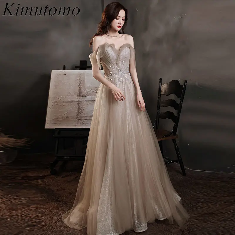 

Kimutomo Sequined Mesh Vestido Dourado Longo Strapless Boat Neck V Neck Sexy Dress Fairy Wind Party Dresses Women Evening