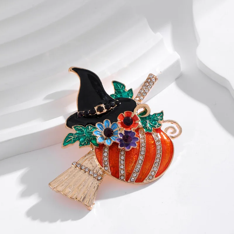 Halloween pumpkin witch with broom brooch pin,fashion brooch jewelry