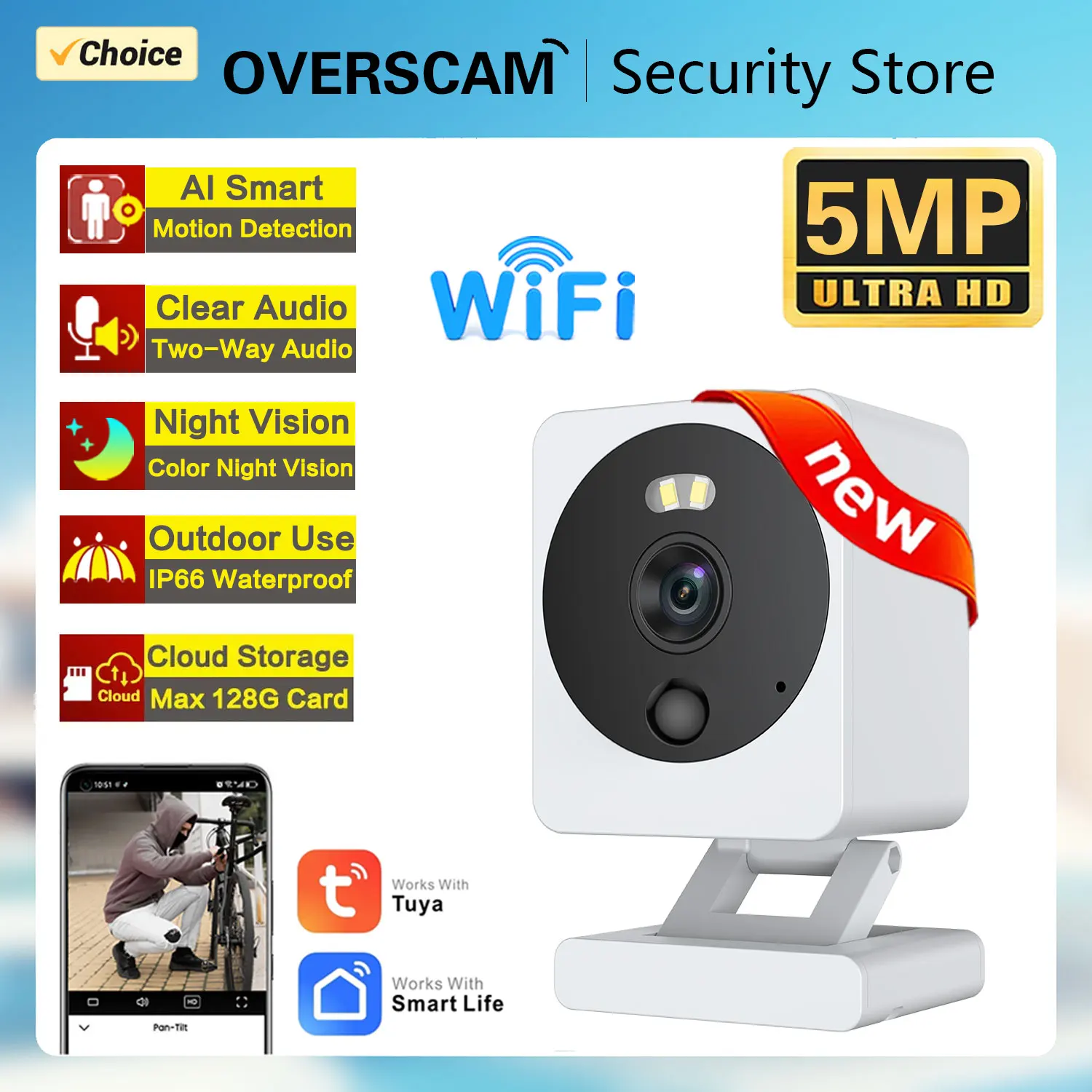 5MP Indoor Wifi Tuya Camera Baby Monitor Smart Life Home Security Wireless Outdoor Mini Camera IP CCTV Two Way Audio AI Detect