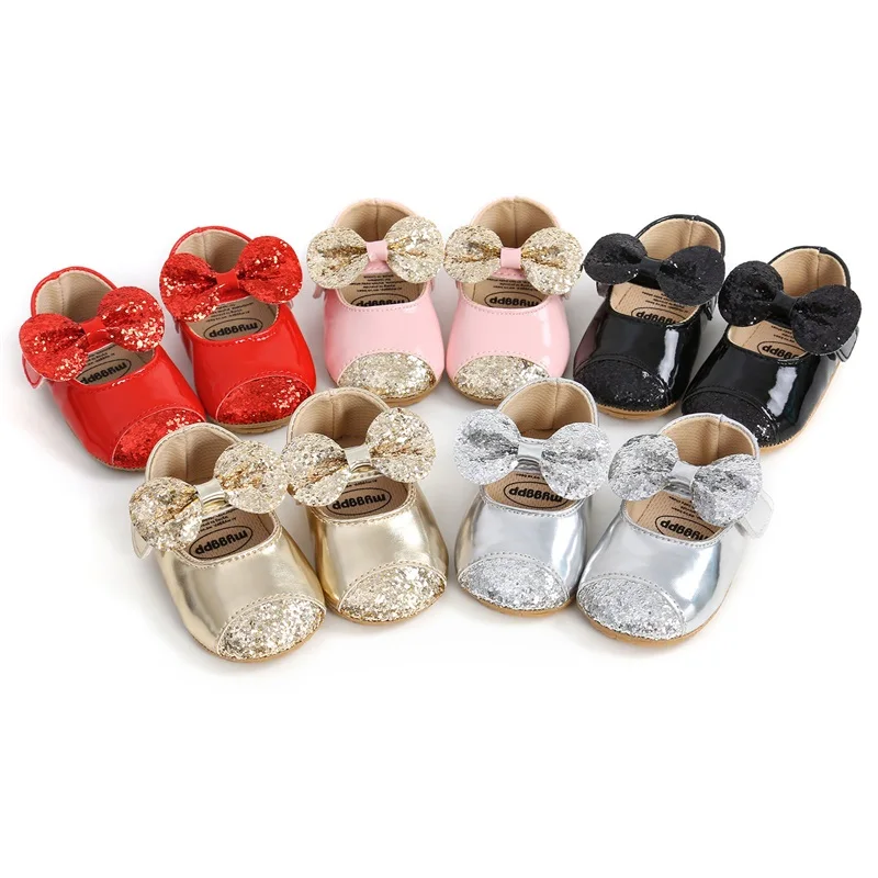 FOCUSNORM 0-18M Baby Girls Boys Princess Shoes Sequins Bowknot Walking Shoes Footwear Prewalker for Infant Girls