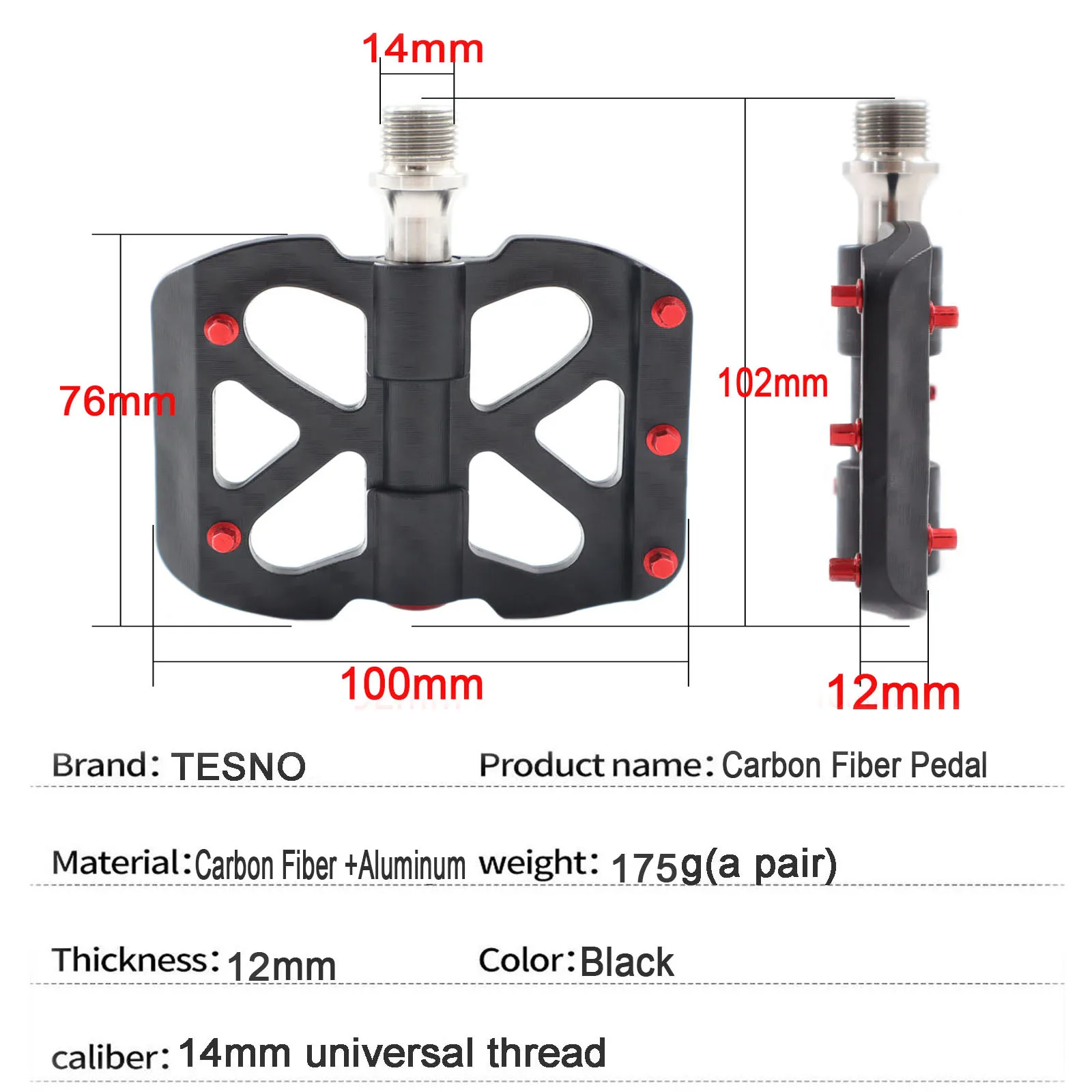TESNO Bicycle Pedals Carbon Fiber Pedal 3 Bearing Ultralight MTB road bike Titanium Non-Slip Quick Release 14mm Universal Thread