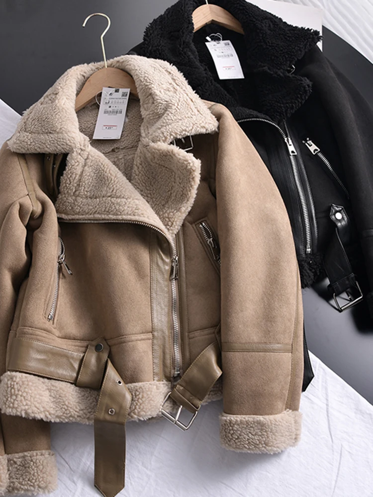 

Traf Winter Women Thick Warm Suede Lamb Jacket Short Motorcycle Brown Coats Faux Shearling Sheepskin Leather Jackets Outwear