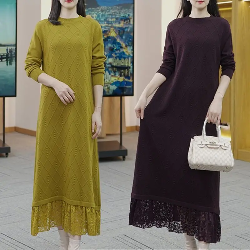 

Winter Long Knit Women Sweater Thick Warm O-neck Straight Dress Winter Solid Color Lace Dress Vestido 2024 New Fashion V1