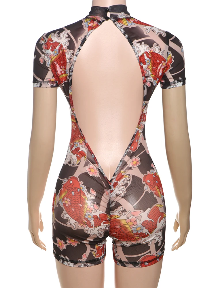 Nibber Summer Trend Playsuit Women Mesh See Through Peach Buttocks Shorts Sleeve Backless Aesthetic Print Midnight Club Romper