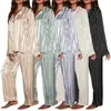 102261-8b7369.jpg Ensemble pyjama rayé pour femmes, haut à manches longues, pantalon en Satin de soie, costume de maison, ample, décontracté, vêtements de nuit féminins, été