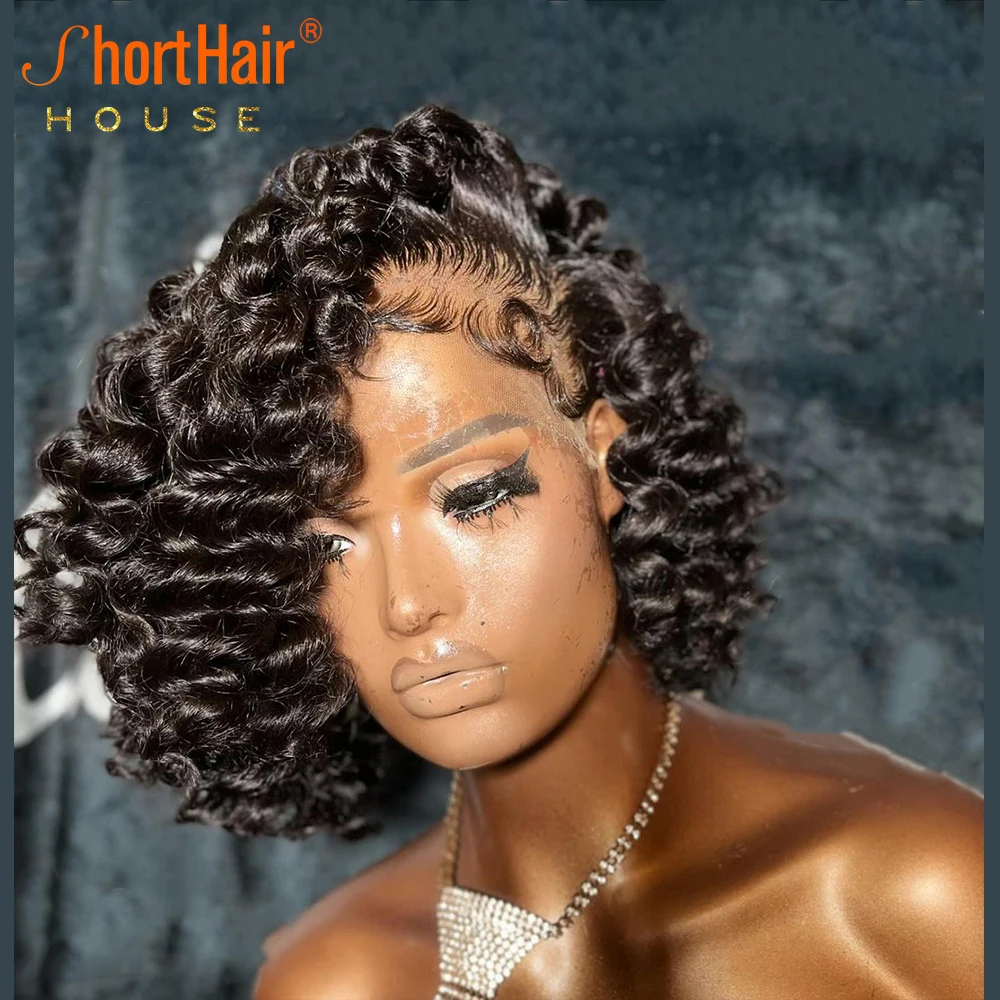 Short Bob Curly Wave Human Hair Wigs With Baby Hair Loose Wave Wigs Brazilian 13x6 Lace Frontal Deep Side Part Bouncy
