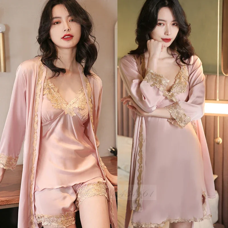 

Female Pajamas Five Piece Set Elegant Lace Sleepwear Bathrobe Summer Satin Nightgown Pijamas Suit Casual Home Wear Loungewear