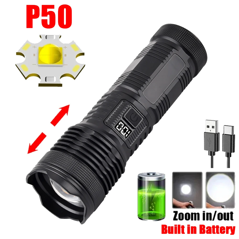 

Powerful P50 LED Flashlight Built in 1200mah Battery Torch USB Charge wih COB side Light Outdoor Portable Zoom Light Emergency