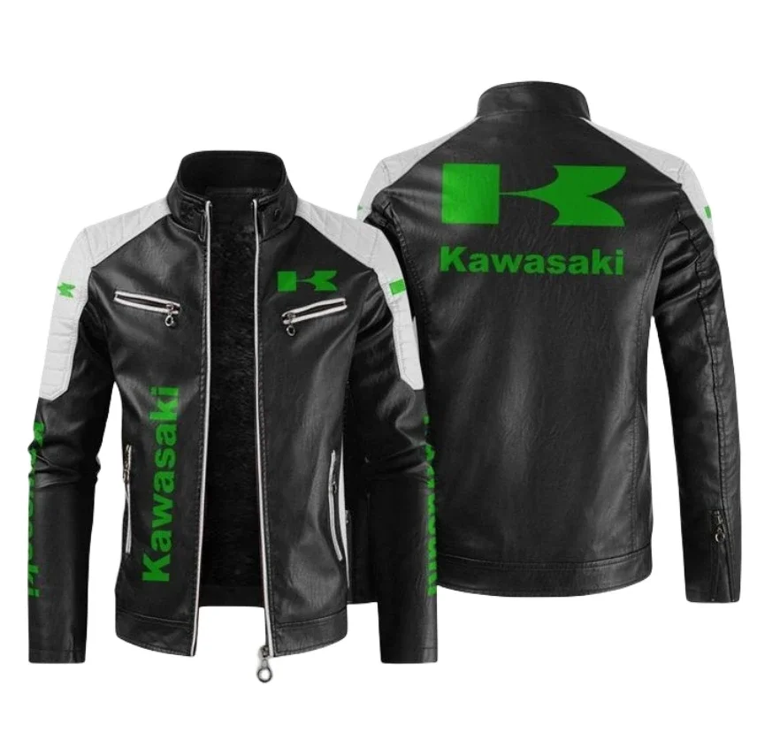 

Новинка весна-осень куртка из искусственной кожи с логотипом Kawasaki мотоциклетная тонкая приталенная кожаная мужская куртка