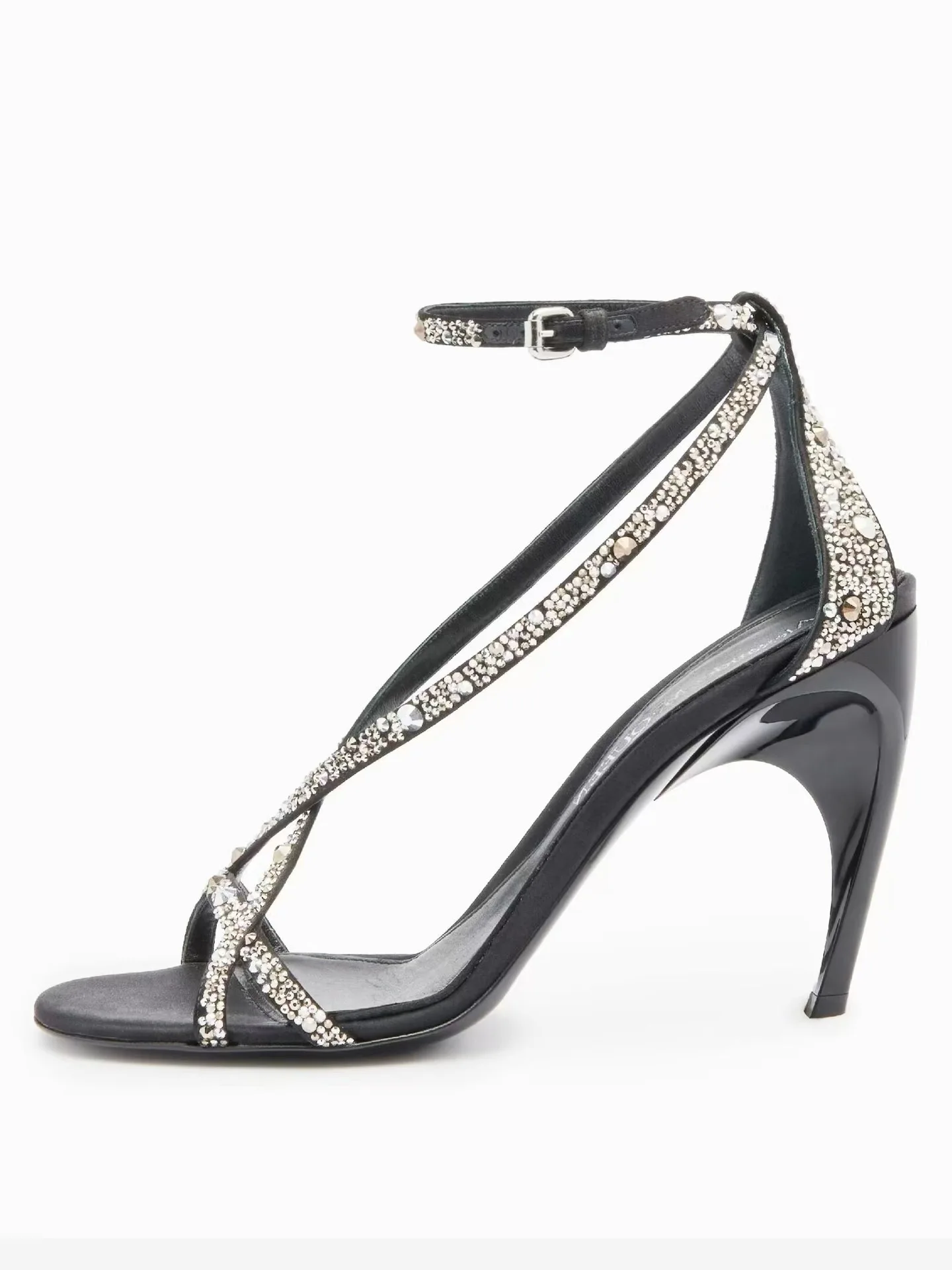 New Round Head Rhinestones with A Straight Buckle and Irregular Heel, Exposed Toe High Heels, Fashionable Large Hollow Sandals