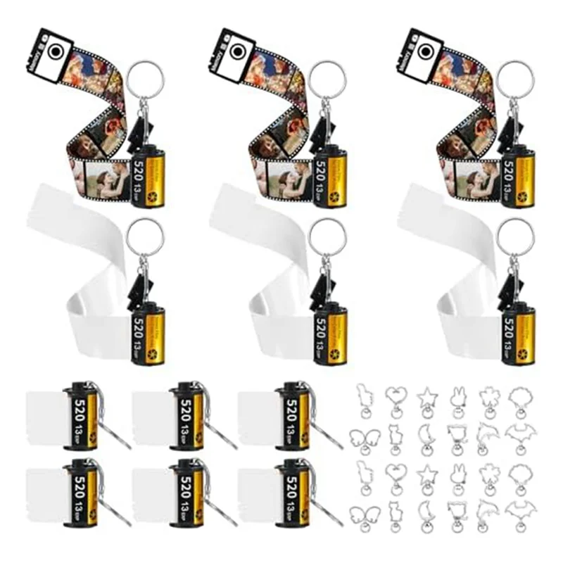 12 PCS 승화 카메라 필름 롤 키 체인 교체 열쇠 고리 사진 키 체인 생일 DIY 공예품