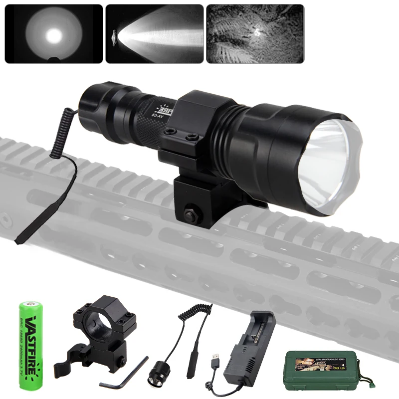 Description Picture 2 of itemC8 Flashlight Tactical 5000LMs Oudoor Hunting Lantern Green/Red/White Weapon Pistol Gun Light+Switch+Mount+18650+USB Charger