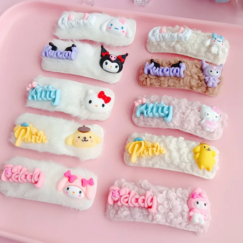 

5Pcs Sanrio Hello Kitty Furry Hairpin Cute Cartoon Girl&Child Cinnamoroll Kuromi Bobby Pin Hair Accessories Holiday Gifts