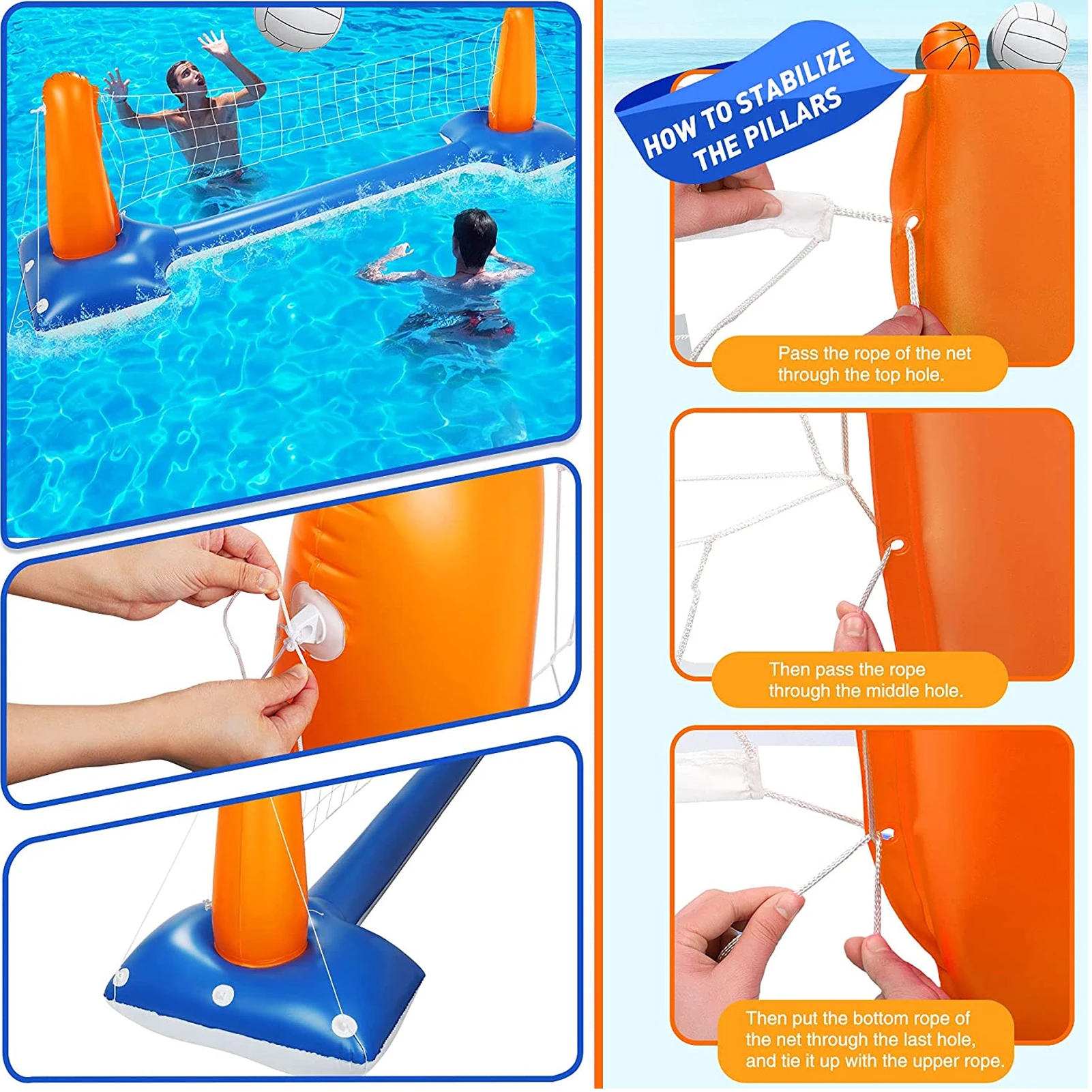 Inflatable Pool Float Set Volleyball Net And Basketball Hoops, Swimming  Game Toy