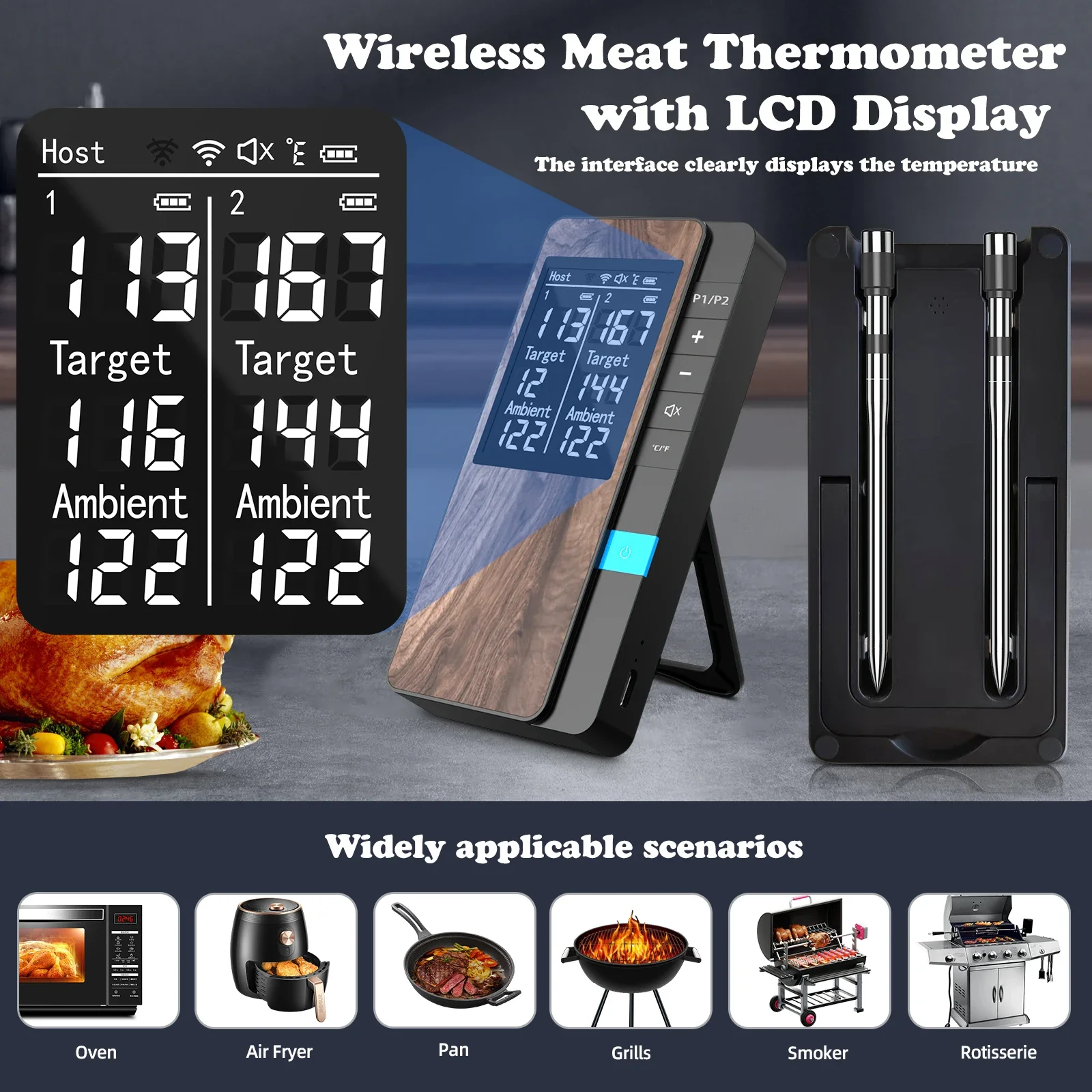Wireless Meat Thermometer Digital Bluetooth Dual Probe Rechargeable with LCD Screen Support Mobile APP for BBQ Oven Grill 2