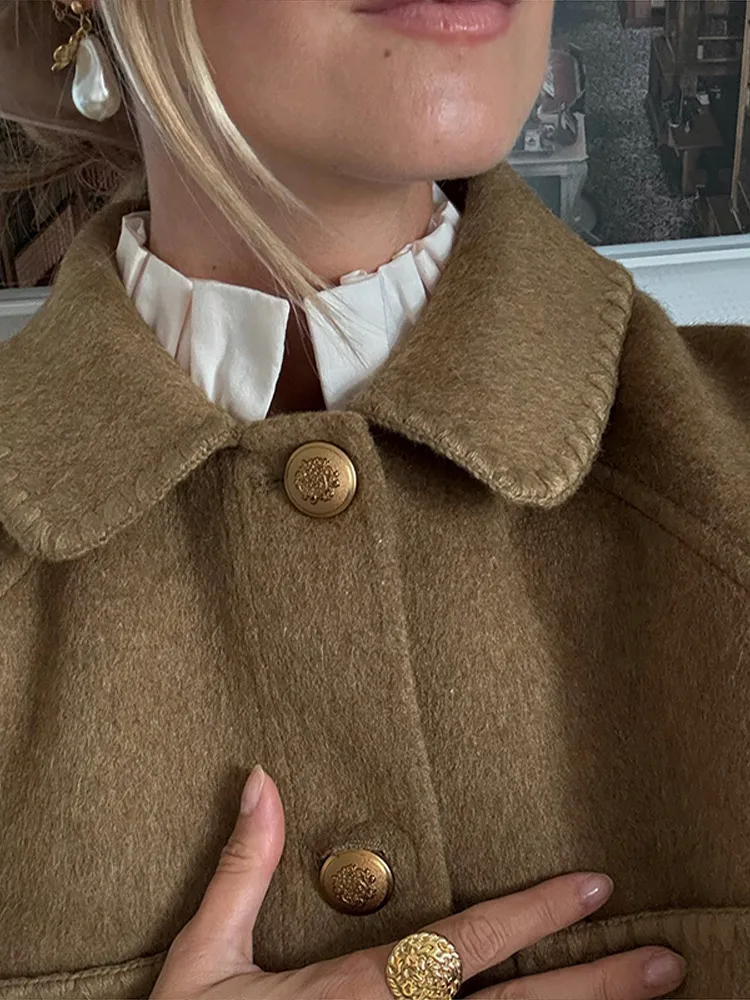 Damen-Wintermantel, Revers, volle Ärmel, Knopfleiste, Wollmantel, Herbst 2022, einreihige Tasche, lose Bombermäntel, neue Oberbekleidung – Detail 4