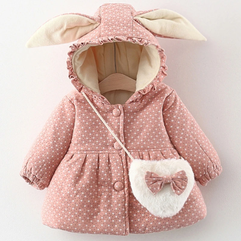 Winter Outerwear Infant Girl Clothes Toddler Jacket For Kids Korean Cartoon Cute Dot Hooded Warm Thick Coat + Bag Baby Tops BC028