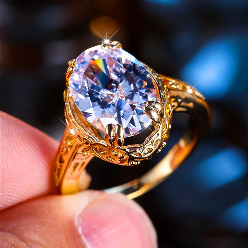 Luxury Male Female White Zircon Stone Ring Trendy Yellow Gold