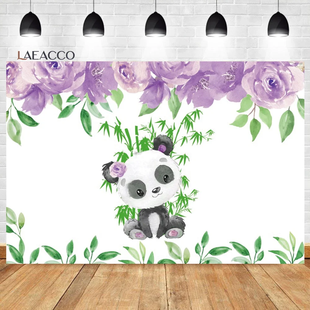 

Laeacco Cute Panda Birthday Backdrop Purple Watercolor Flower Bamboo Girl Baby Shower Portrait Customized Photography Background
