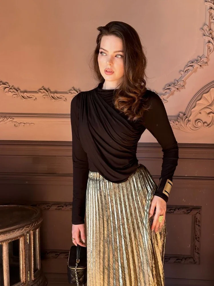 Temperament Elegant Women 2-piece Long Sleeve Pressure Pleated Top Halter Level Ankle Court Banquet Premium Sense female Sets