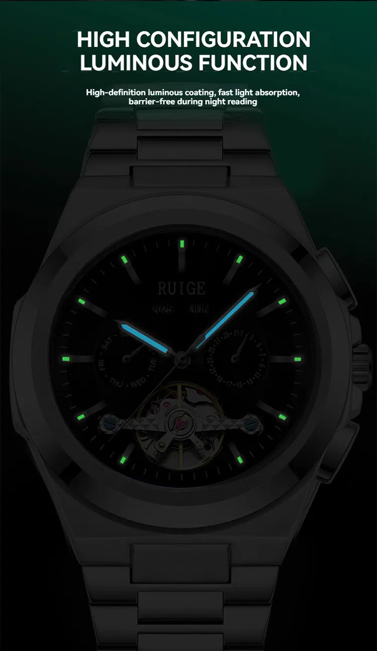 RUIGE Dreäugige sechs Nadeln hohles Nachtlicht Edelstahlarmband automatische mechanische Uhr Mode Herrenarmbanduhr – Detail 7