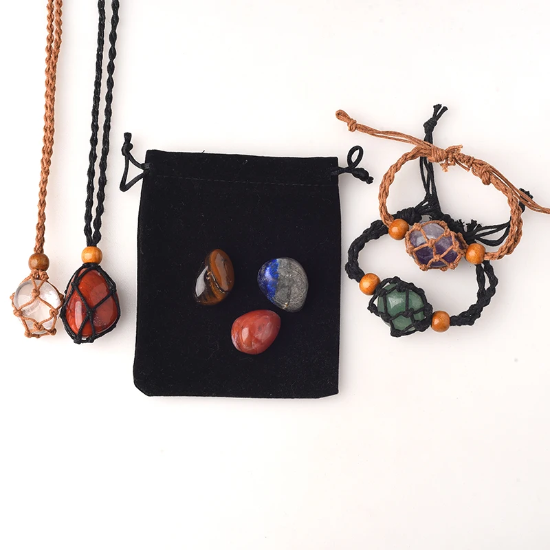 

12pcs /set Natural Quartz Crystal Chakra Healing Stone Pendant Net Bag Bracelet Cord Stone Holder Necklace