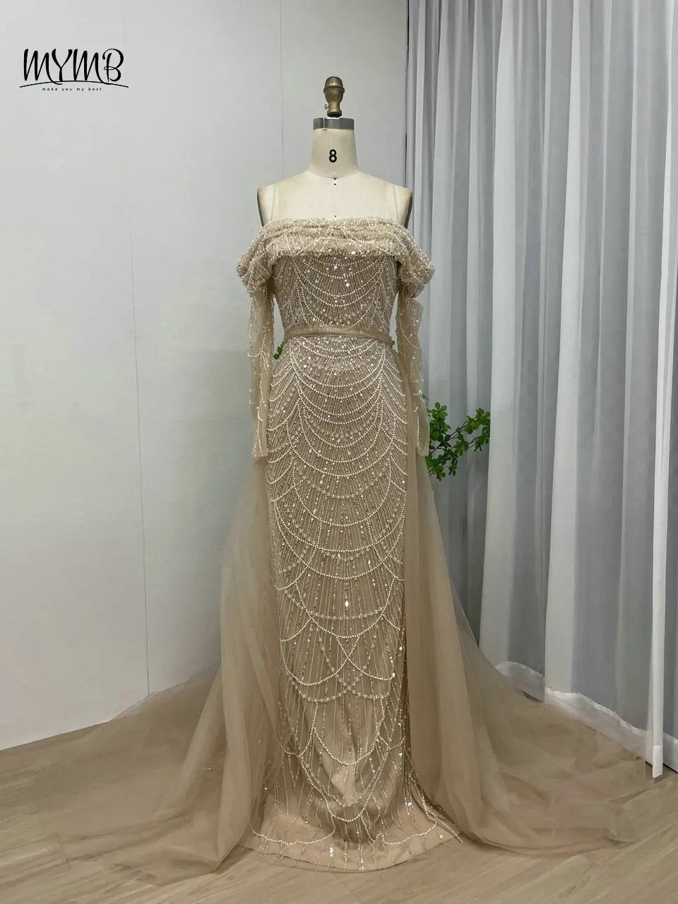 MYMB Wunderschönes blaues trägerloses Meerjungfrau-Perlen-Damen-Abend-Partykleid, arabische Falte, schulterfrei, lange Ärmel, elegante Ballkleider – Detail 12