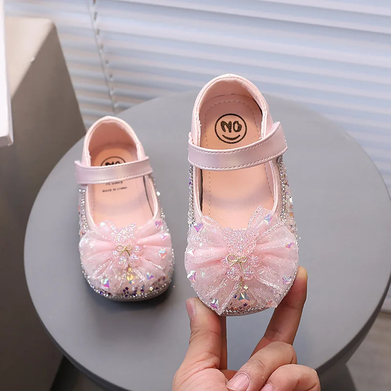 Girls Leather Shoes with Star Sequins Kids Dress Shoes Princess Style Fashion Elegant New Children Flat with Mesh Bow