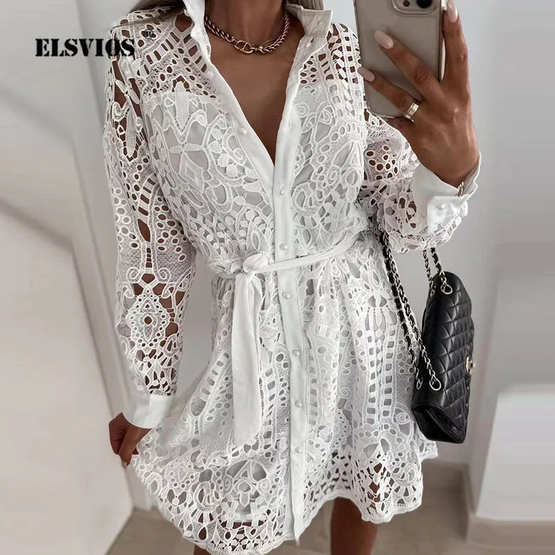 

Spring Summer Fashion Commute Turn-down Collar Lace Mini Dress Casual Solid Color Hollow Out Laced Buttons Cardigan Ladies Dress